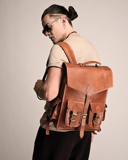 Vintage leather backpack rucksack by Classy Leather Bags, showing adjustable straps and classic rugged leather design.