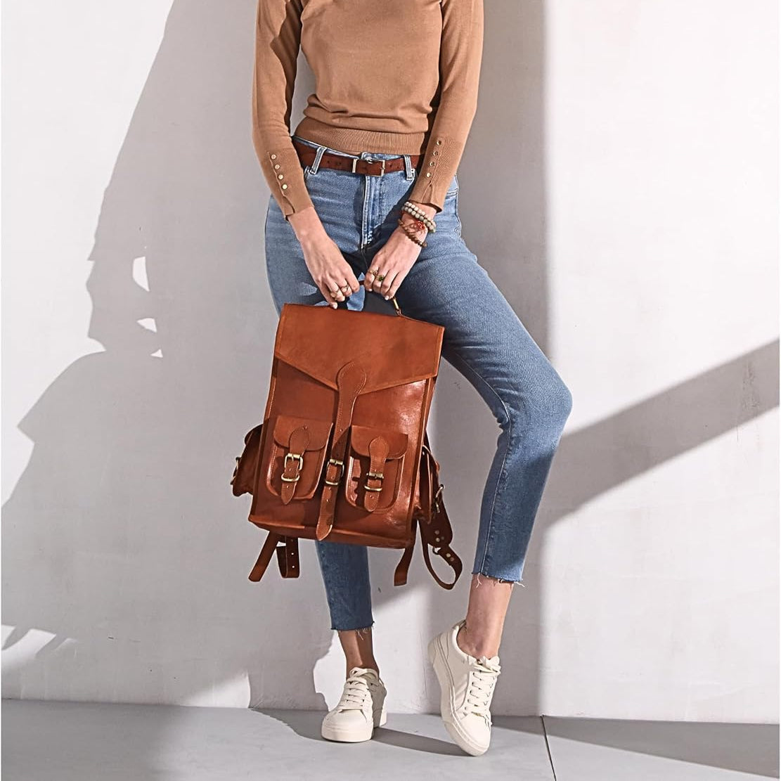 Vintage leather backpack rucksack by Classy Leather Bags featuring durable brown leather and adjustable straps.