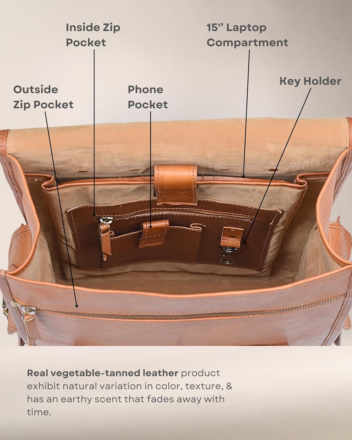 Vintage leather backpack rucksack by Classy Leather Bags, showing the brown leather shoulder bag with adjustable straps and front pocket.