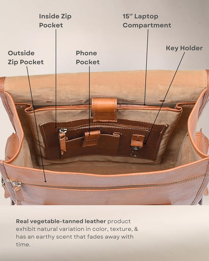Vintage leather backpack rucksack by Classy Leather Bags, showing the brown leather shoulder bag with adjustable straps and front pocket.