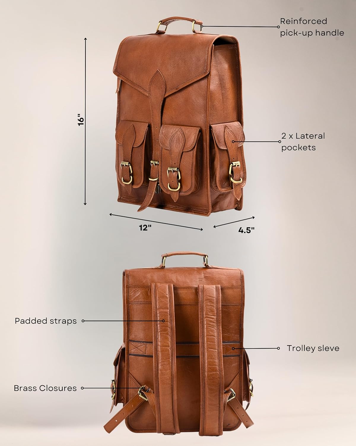 Vintage leather backpack rucksack from Classy Leather Bags, showing a stylish brown leather backpack with adjustable straps.