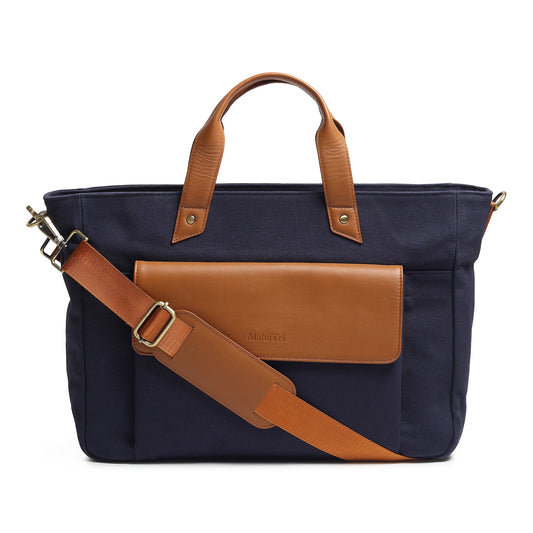 Dark blue Voyager canvas leather briefcase by Classy Leather Bags, featuring sturdy handles and secure zipper closure.