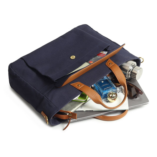 Dark blue Voyager Canvas Leather Briefcase by Classy Leather Bags, showing the stylish exterior and sturdy handle.