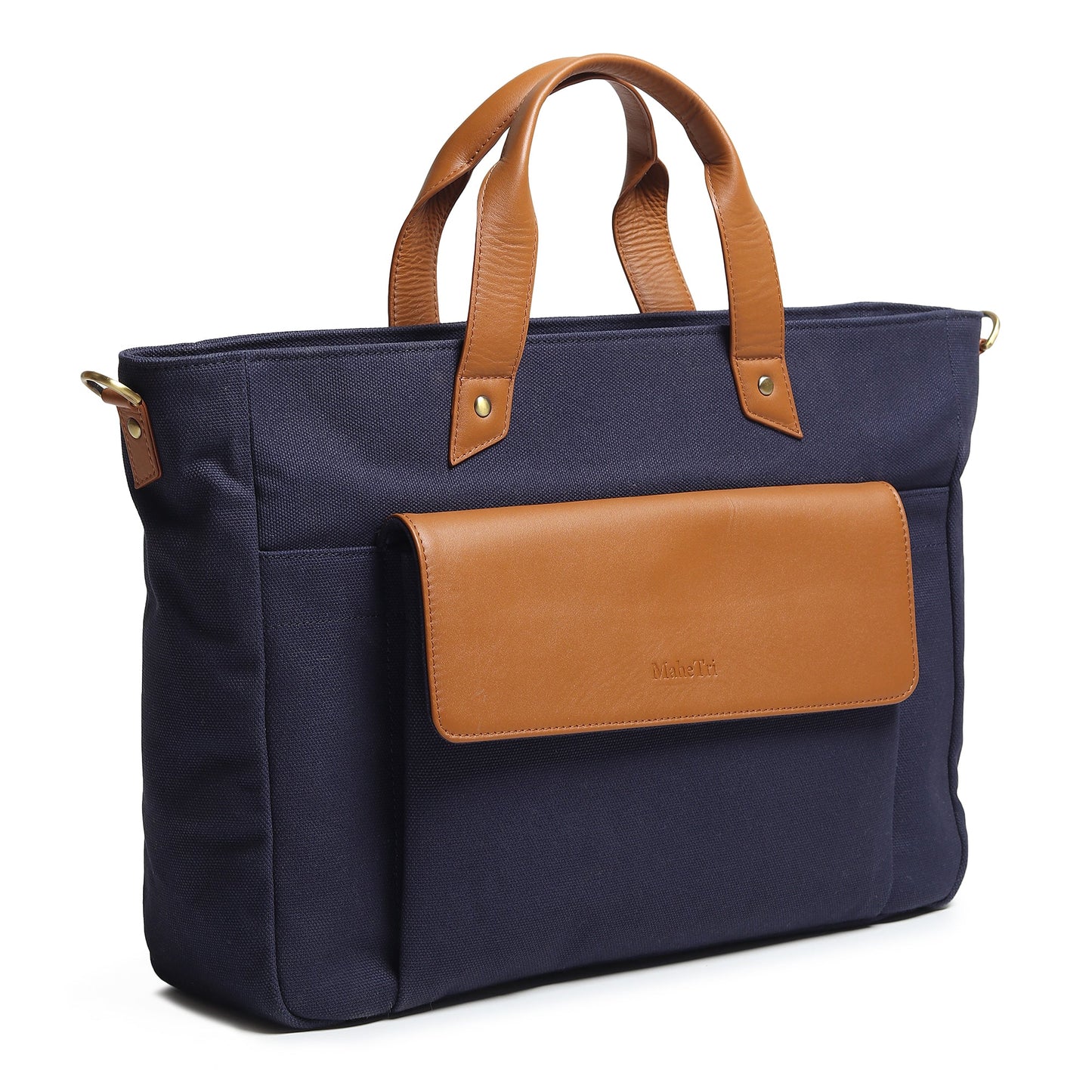 Dark blue Voyager canvas leather briefcase by Classy Leather Bags, featuring sturdy handles and a sleek professional design.