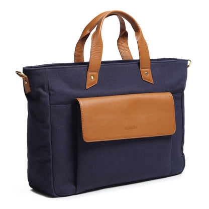Dark blue Voyager canvas leather briefcase by Classy Leather Bags, featuring sturdy handles and a sleek professional design.