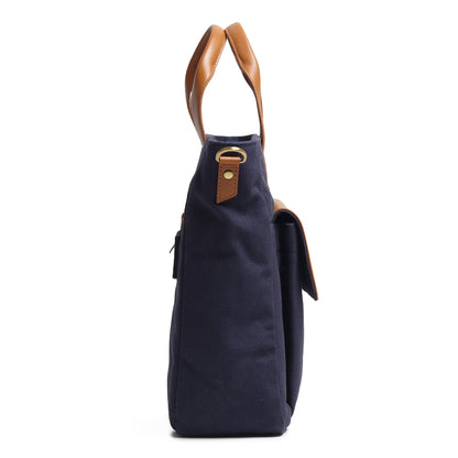 Dark blue Voyager Canvas Leather Briefcase by Classy Leather Bags, featuring sturdy handles and a sleek professional design.