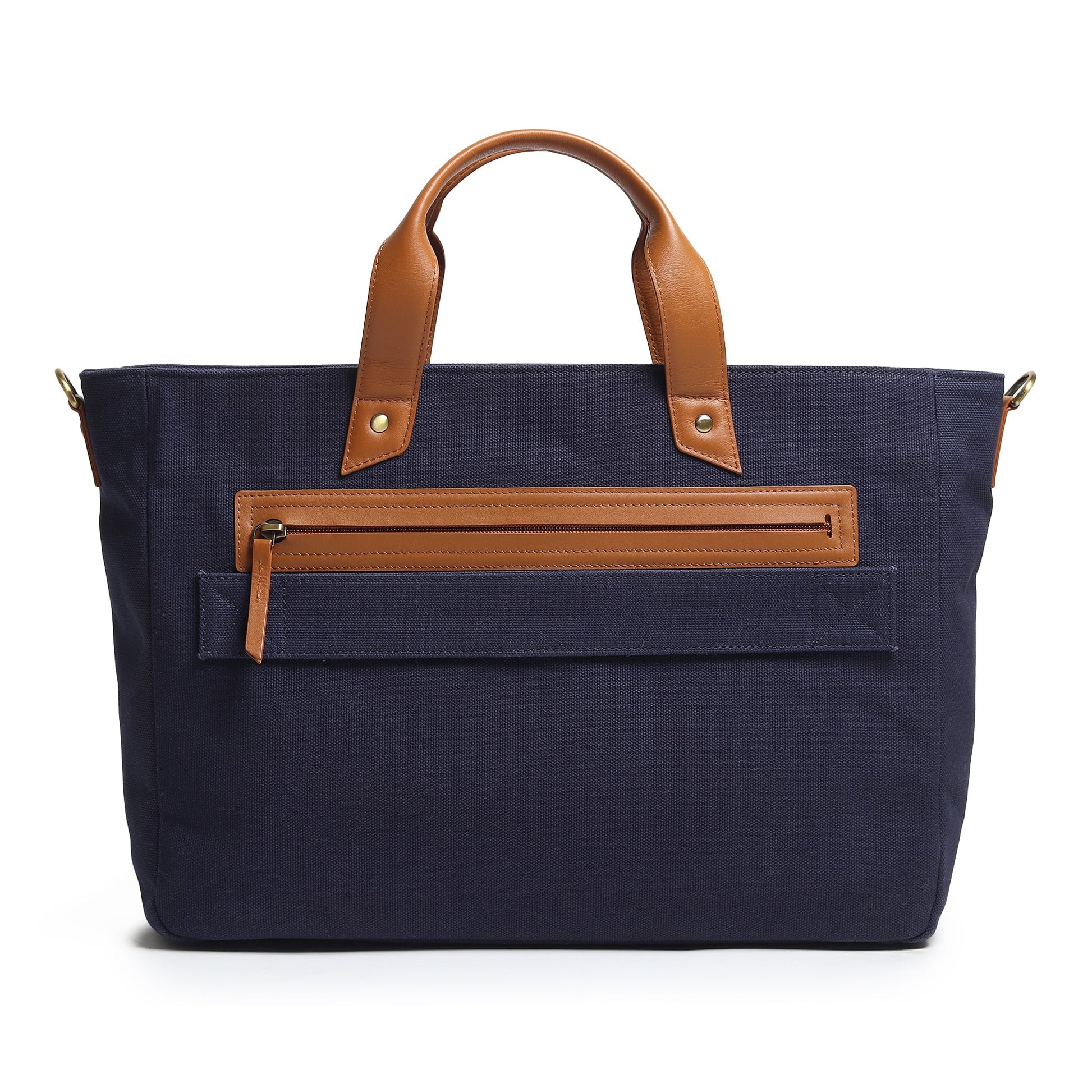 Dark blue Voyager canvas leather briefcase by Classy Leather Bags, featuring sturdy handles and a sleek, professional design.