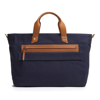 Dark blue Voyager canvas leather briefcase by Classy Leather Bags, featuring sturdy handles and a sleek, professional design.