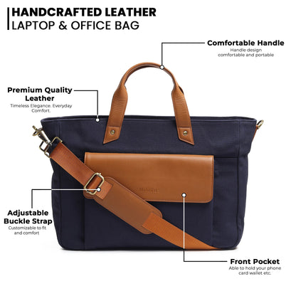 Dark blue Voyager Canvas Leather Briefcase by Classy Leather Bags, showing front view with handles and zipper closure.