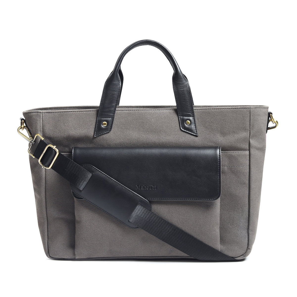 Gray Voyager Canvas Leather Briefcase by Classy Leather Bags, showcasing a sleek, durable design with leather accents and sturdy handles.