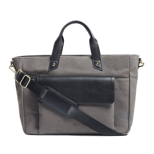 Gray Voyager Canvas Leather Briefcase by Classy Leather Bags, showcasing a sleek, durable design with leather accents and sturdy handles.