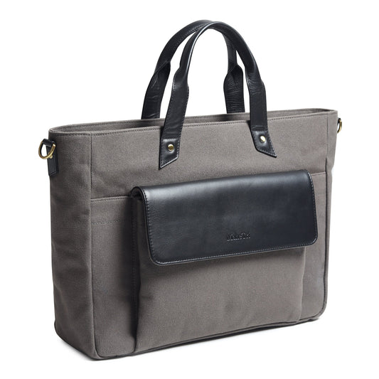 Gray Voyager Canvas Leather Briefcase by Classy Leather Bags, featuring a durable design with leather accents and multiple compartments.