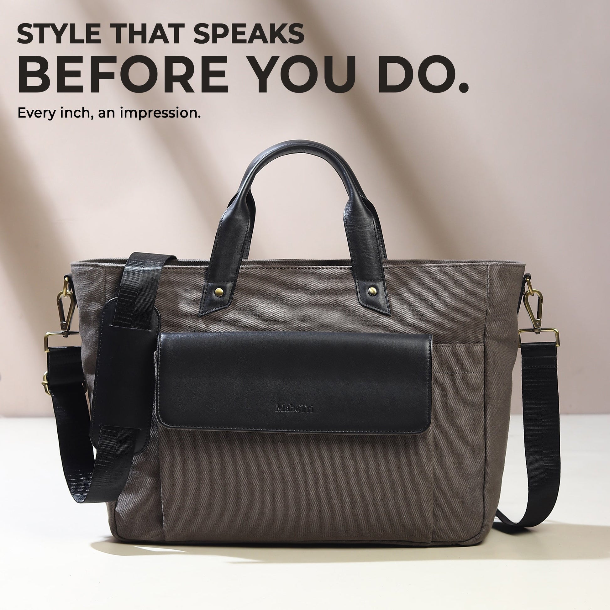 Gray Voyager Canvas Leather Briefcase by Classy Leather Bags, showcasing a sleek, professional briefcase with leather accents and sturdy handles.