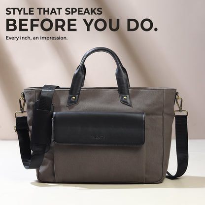 Gray Voyager Canvas Leather Briefcase by Classy Leather Bags, showcasing a sleek, professional briefcase with leather accents and sturdy handles.