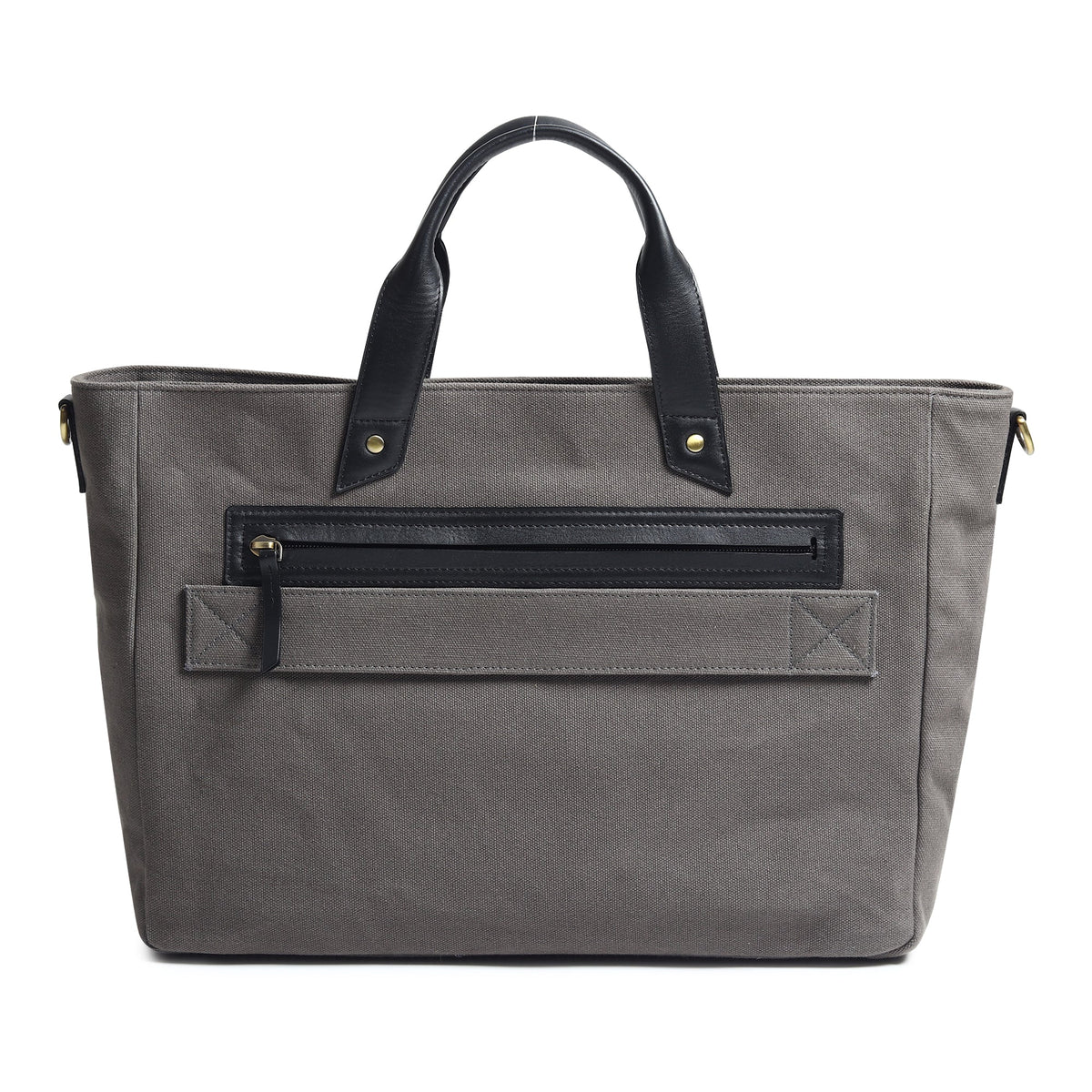 Gray Voyager Canvas Leather Briefcase by Classy Leather Bags, showing the sleek exterior with leather accents and sturdy handles.