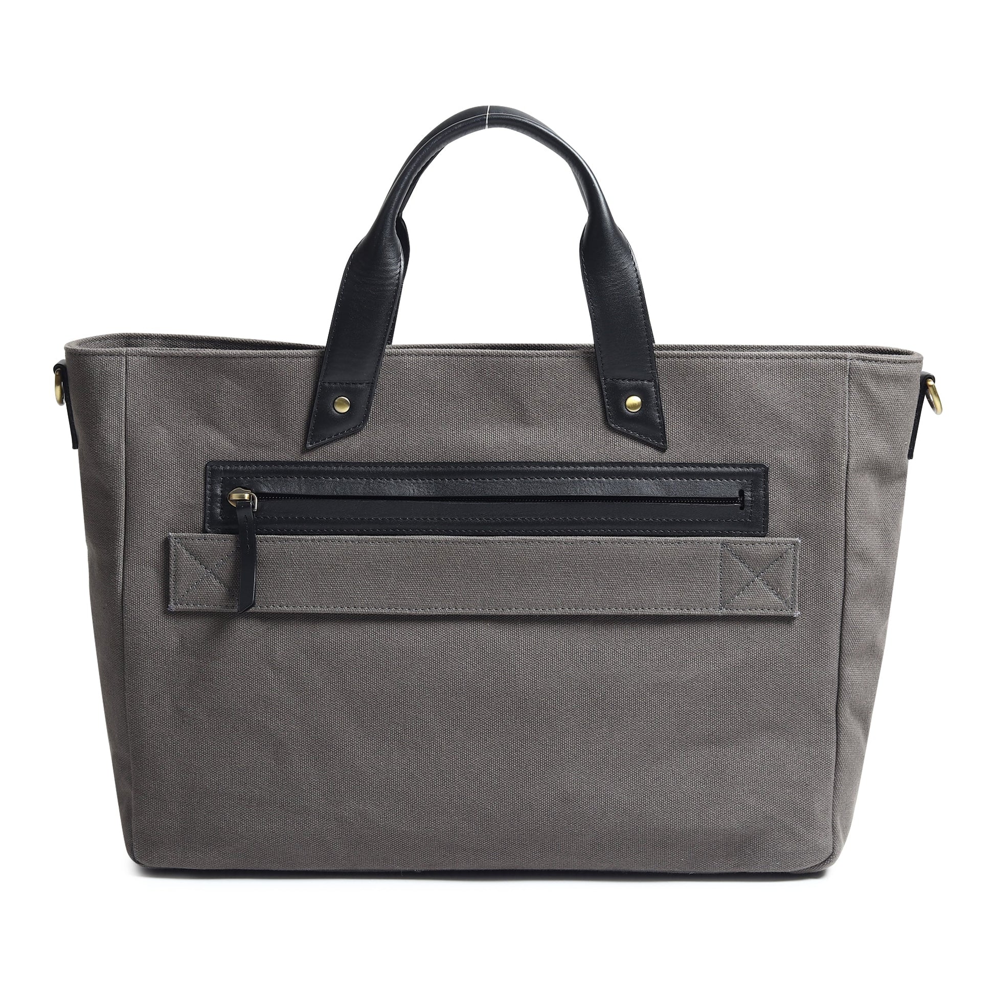 Gray Voyager Canvas Leather Briefcase by Classy Leather Bags, showing the sleek exterior with leather accents and sturdy handles.