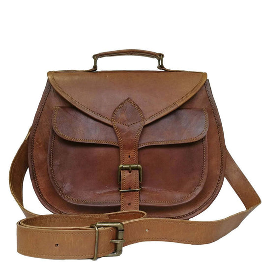 Classy Leather Bags Sierra Satchel crossbody bag showing 11-inch size, brown leather with adjustable strap and multiple compartments.