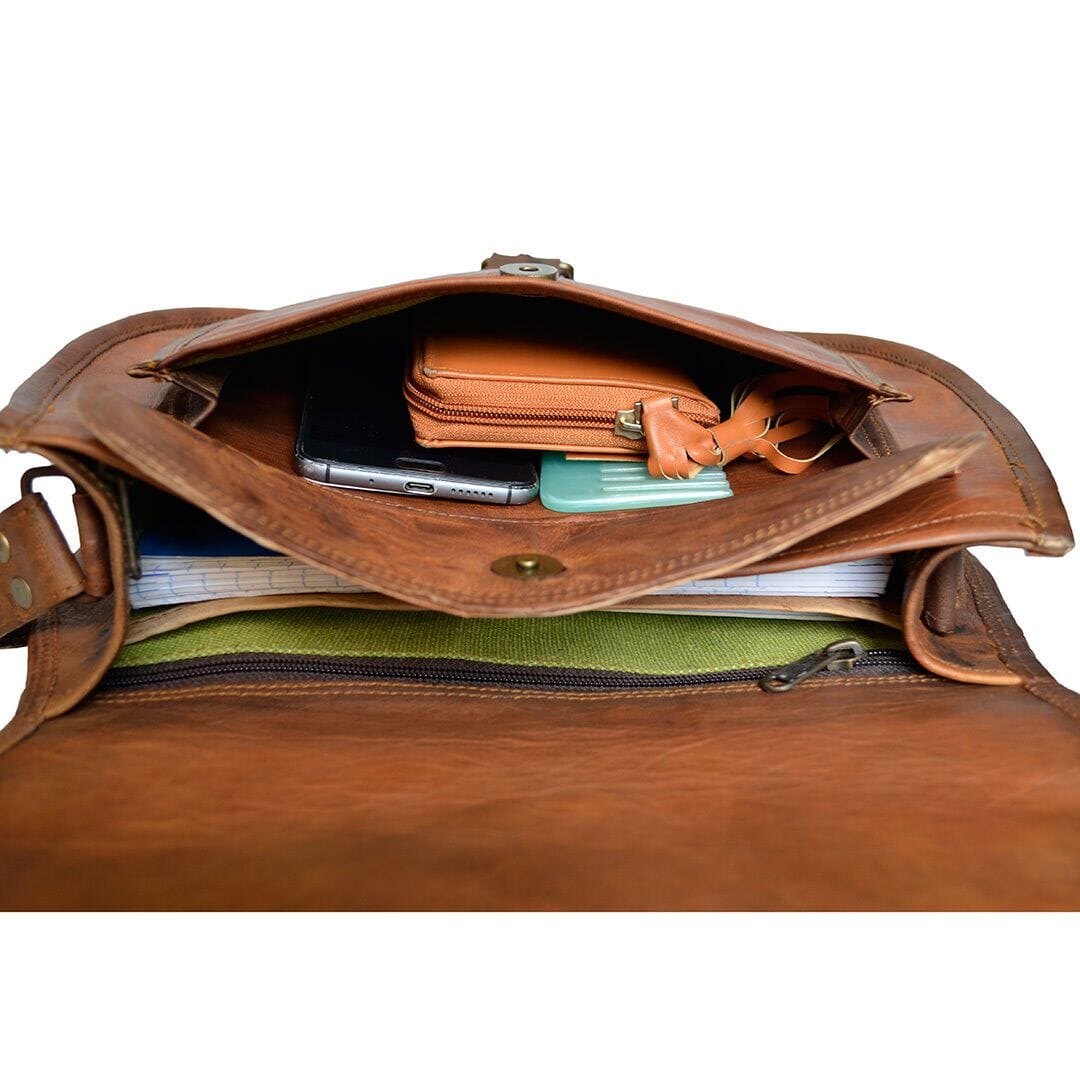 Classy Leather Bags Sierra Satchel crossbody bag in black with adjustable strap and 11-inch spacious interior.