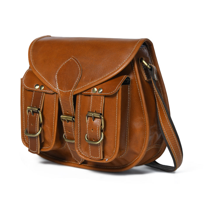 Leather crossbody sling bag for women with two pockets from Classy Leather Bags, featuring a sleek design and adjustable strap.