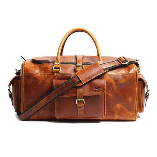 Classy Leather Bags Berlin Leather Weekender Duffle Bag in brown leather, 20-inch travel duffel with sturdy handles and spacious interior.