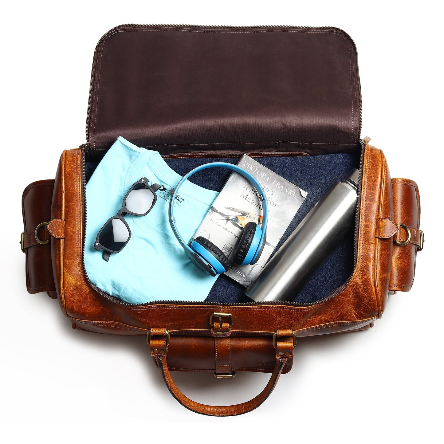 Classy Leather Bags Berlin Leather Weekender Duffle Bag in black leather with sturdy handles and spacious interior for travel.