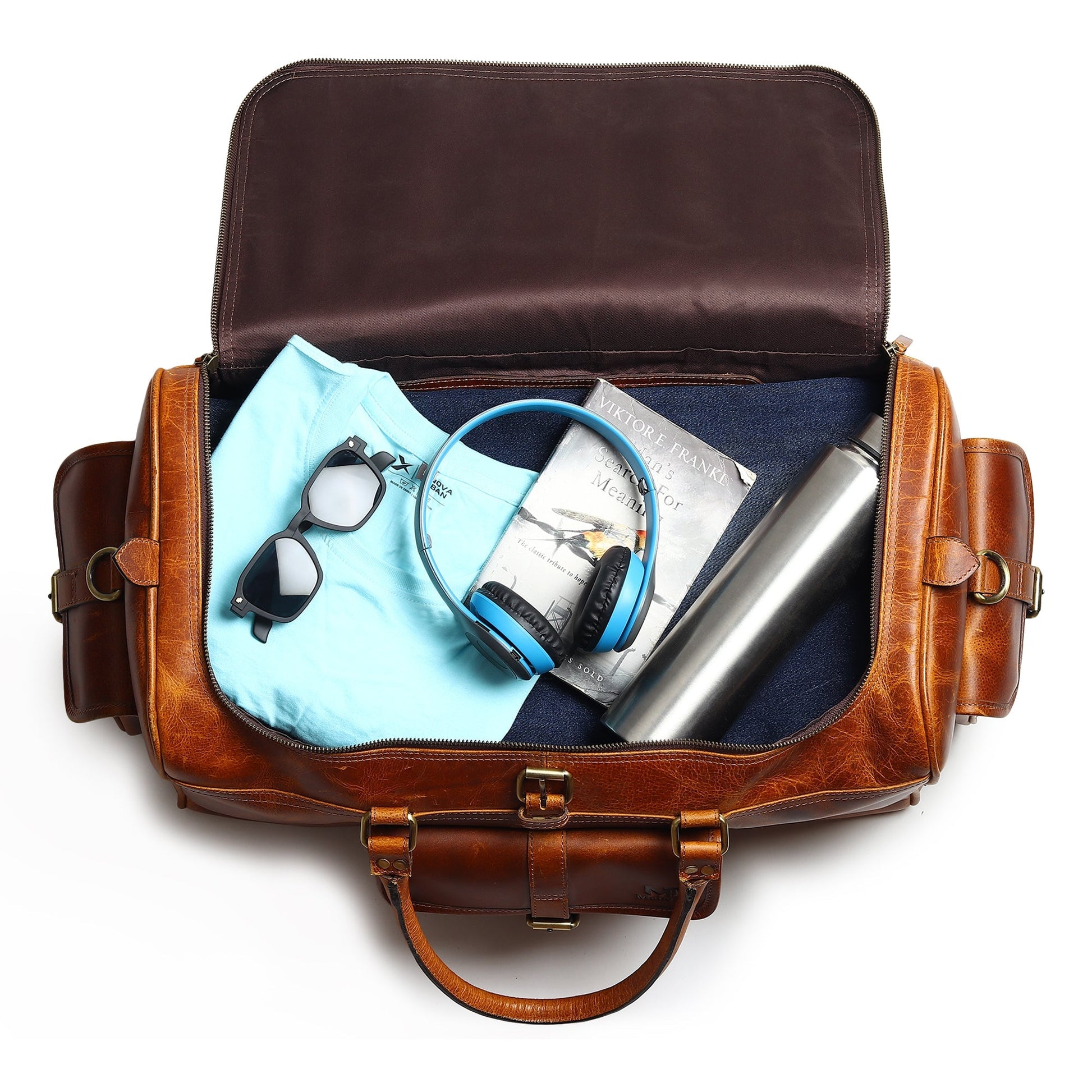 Classy Leather Bags Berlin Leather Weekender Duffle Bag in black leather with sturdy handles and spacious interior for travel.