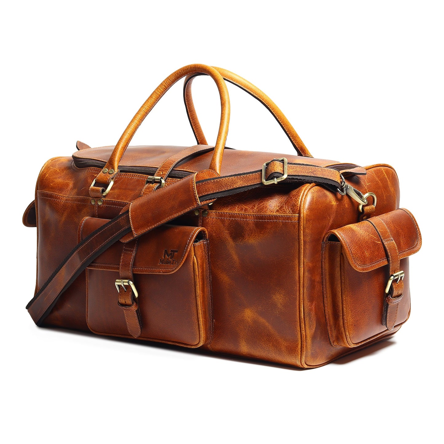 Classy Leather Bags Berlin Leather Weekender Duffle Bag in black, 20-inch size with sturdy handles and spacious interior.
