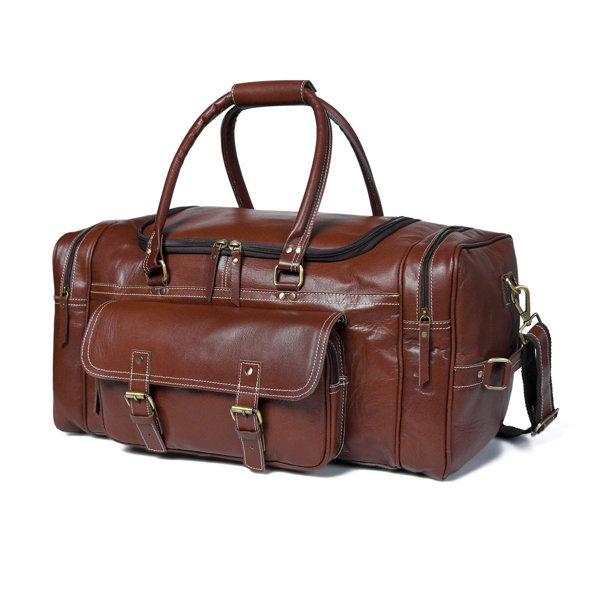 Upgraded Traveler Weekender Duffle bag by Classy Leather Bags in sleek leather, 21-inch carry-on size with sturdy handles and spacious interior.