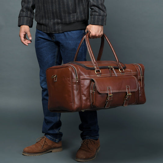 Upgraded Traveler Weekender Duffle bag by Classy Leather Bags, 21-inch carry-on leather duffel with sturdy handles and spacious interior.