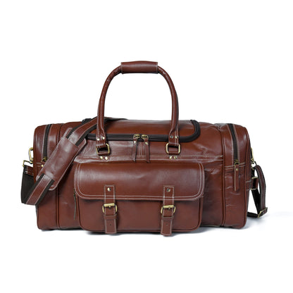 Upgraded Traveler Weekender Duffle Bag by Classy Leather Bags, 21-inch carry-on duffel with leather handles and spacious interior.