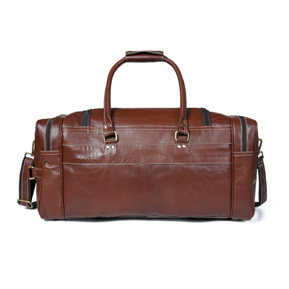 Upgraded Traveler Weekender Duffle bag by Classy Leather Bags, 21-inch carry-on duffel with leather handles and spacious interior.