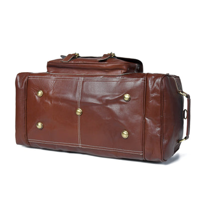 Upgraded Traveler Weekender Duffle by Classy Leather Bags, 21-inch carry-on style, made of durable leather with handles and shoulder strap