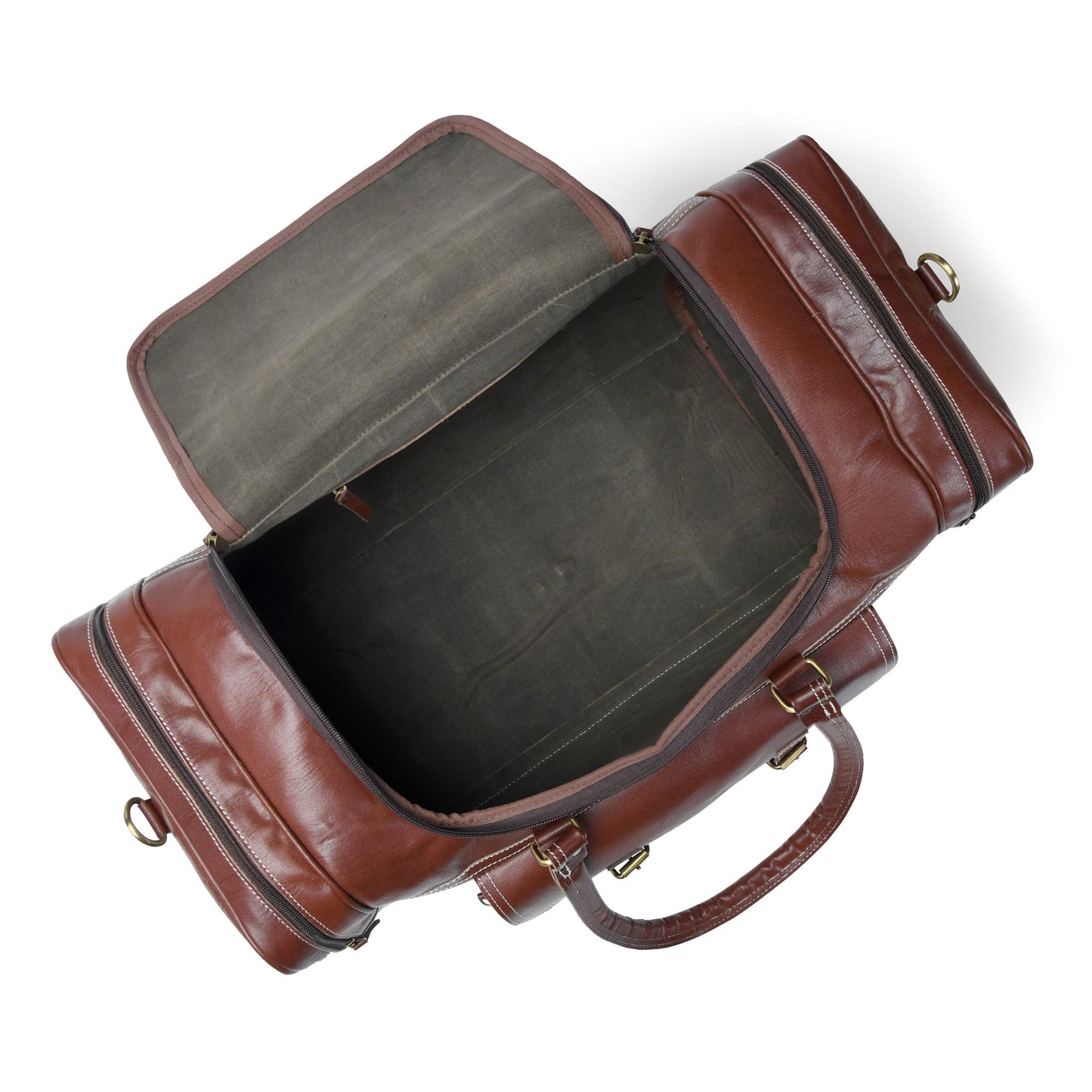 Upgraded Traveler Weekender Duffel Bag by Classy Leather Bags, 21-inch carry-on with durable leather and spacious interior.