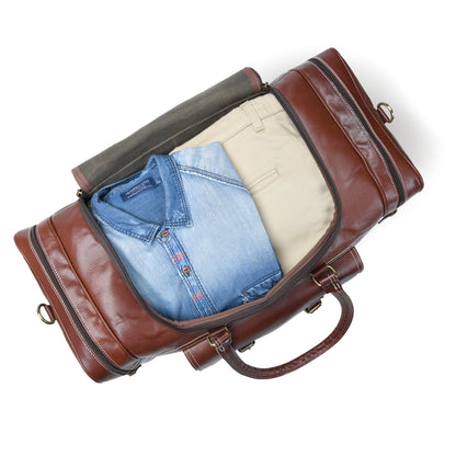 Upgraded Traveler Weekender duffel bag by Classy Leather Bags, 21-inch carry-on with durable leather and spacious design.