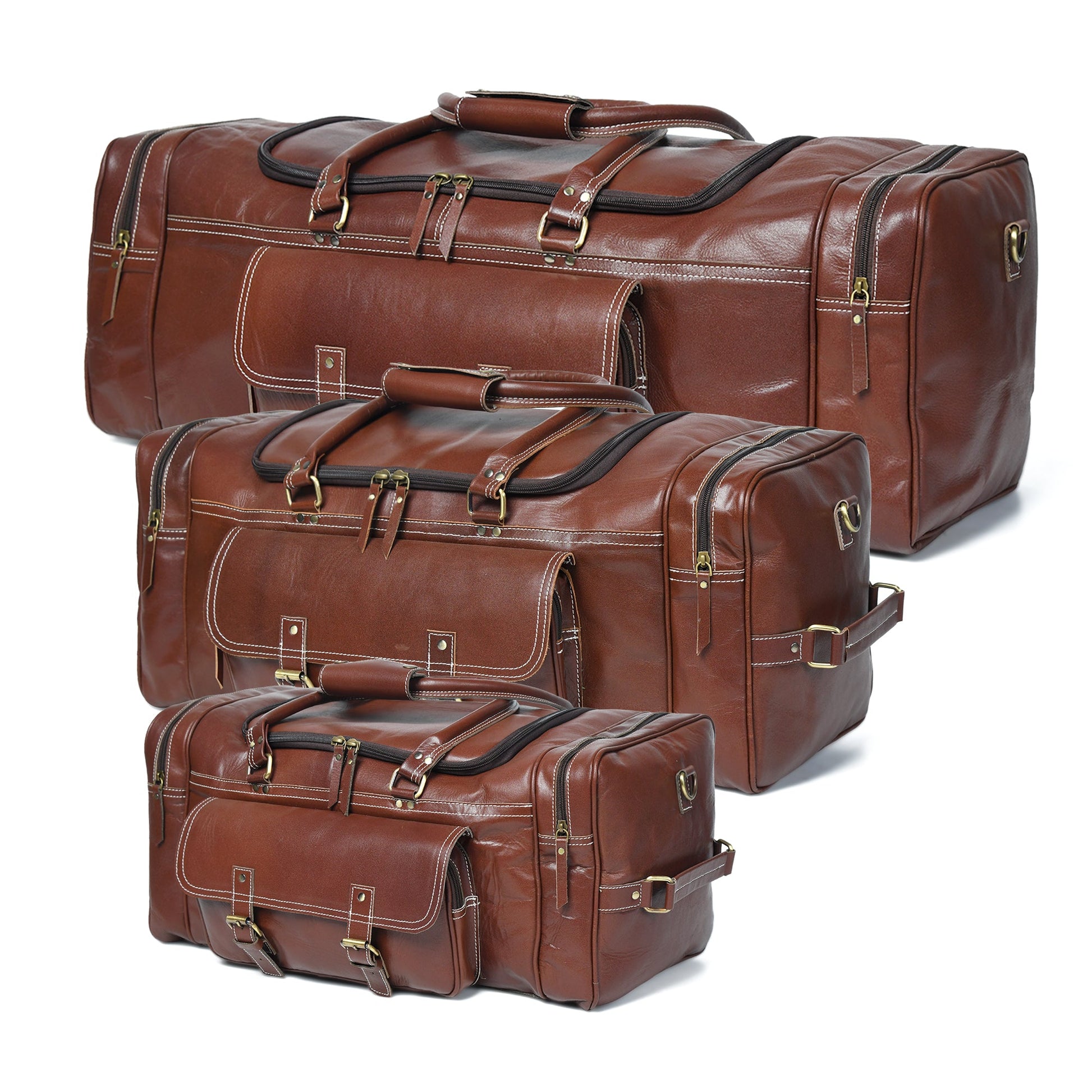 Upgraded Traveler Weekender Duffel Bag by Classy Leather Bags, 21-inch carry-on duffle with durable leather construction.
