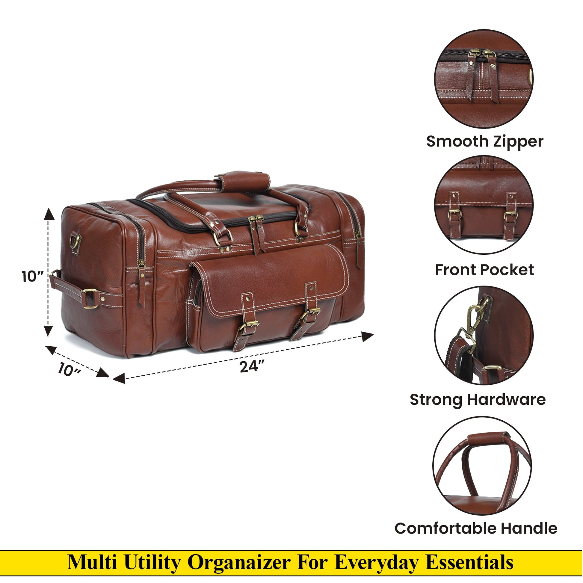 Upgraded Traveler Weekender duffel bag by Classy Leather Bags, 21-inch carry-on size in rich leather with sturdy handles.