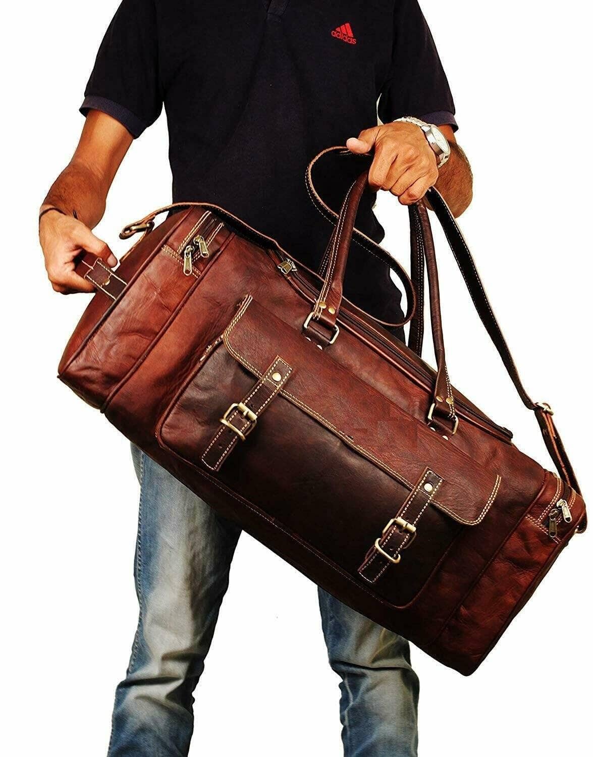 Classy Leather Bags 21-inch Traveler Weekender Duffle bag with sturdy leather construction and spacious interior.