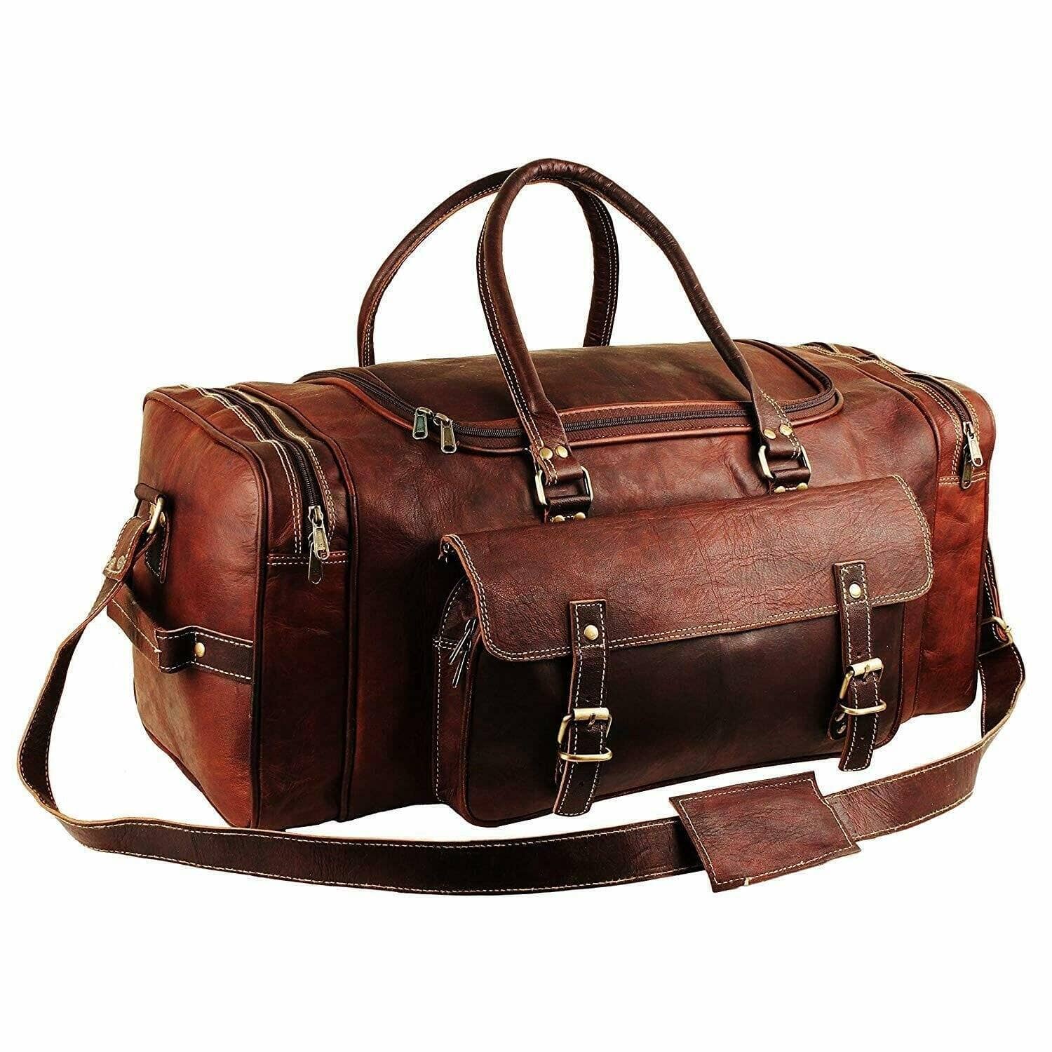 Classy Leather Bags 21-inch Traveler Weekender Duffle Bag made of durable leather with sturdy handles and spacious interior.