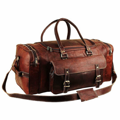 Classy Leather Bags 21-inch Traveler Weekender Duffle Bag made of durable leather with sturdy handles and spacious interior.