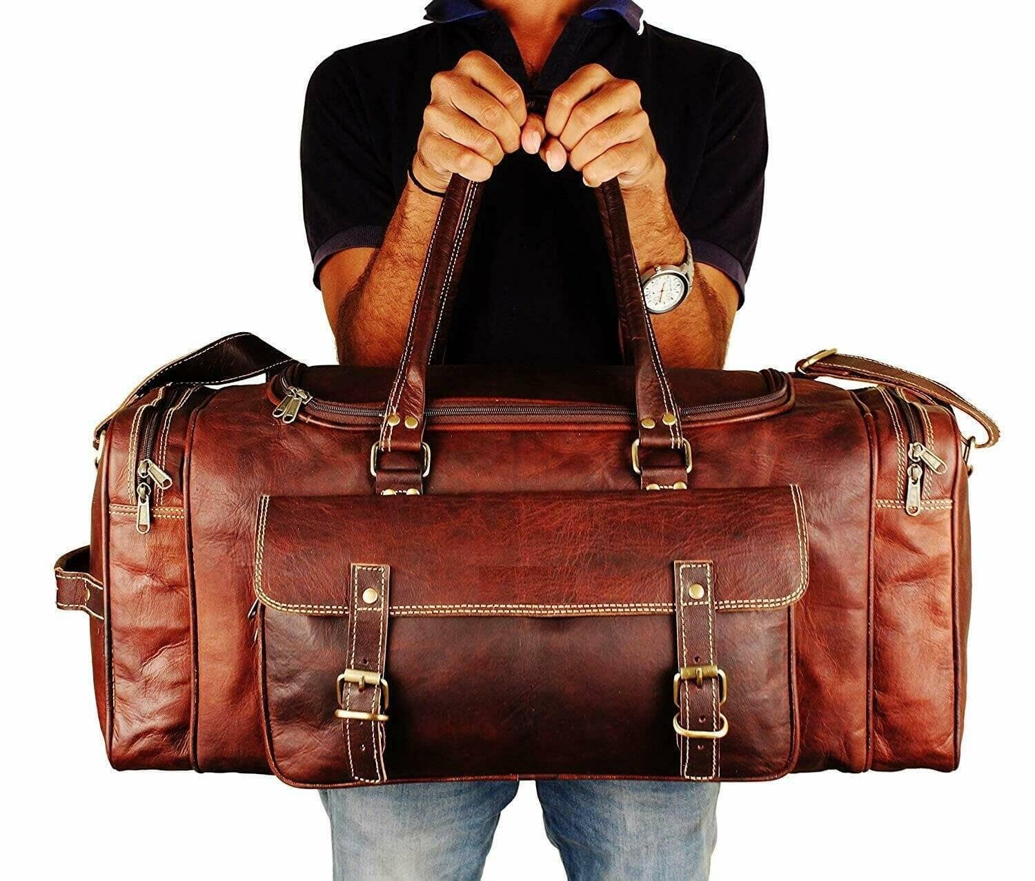 Classy Leather Bags 21-inch Traveler Weekender Duffle bag with sturdy leather handles and spacious interior for travel.