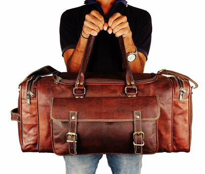 Classy Leather Bags 21-inch Traveler Weekender Duffle bag with sturdy leather handles and spacious interior for travel.