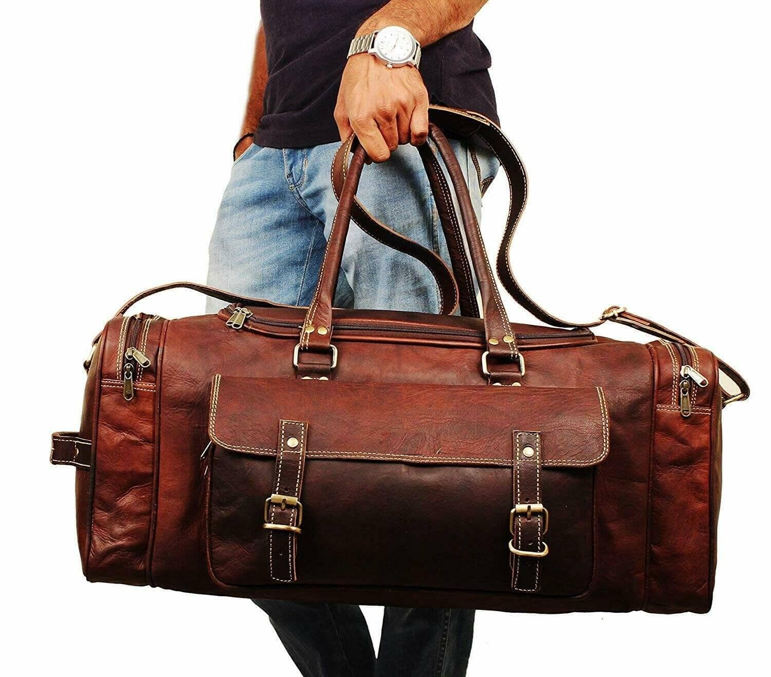Classy Leather Bags 21-inch Traveler Weekender Duffle Bag with sturdy leather handles and spacious interior for travel.