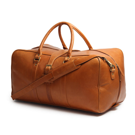 Port Blair Leather Duffle Travel Bag by Classy Leather Bags, stylish brown leather duffel with handles and shoulder strap for travel.