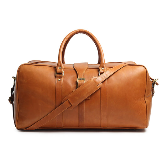 Port Blair Leather Duffle Travel Bag by Classy Leather Bags, stylish brown leather duffel bag with handles and zipper closure.