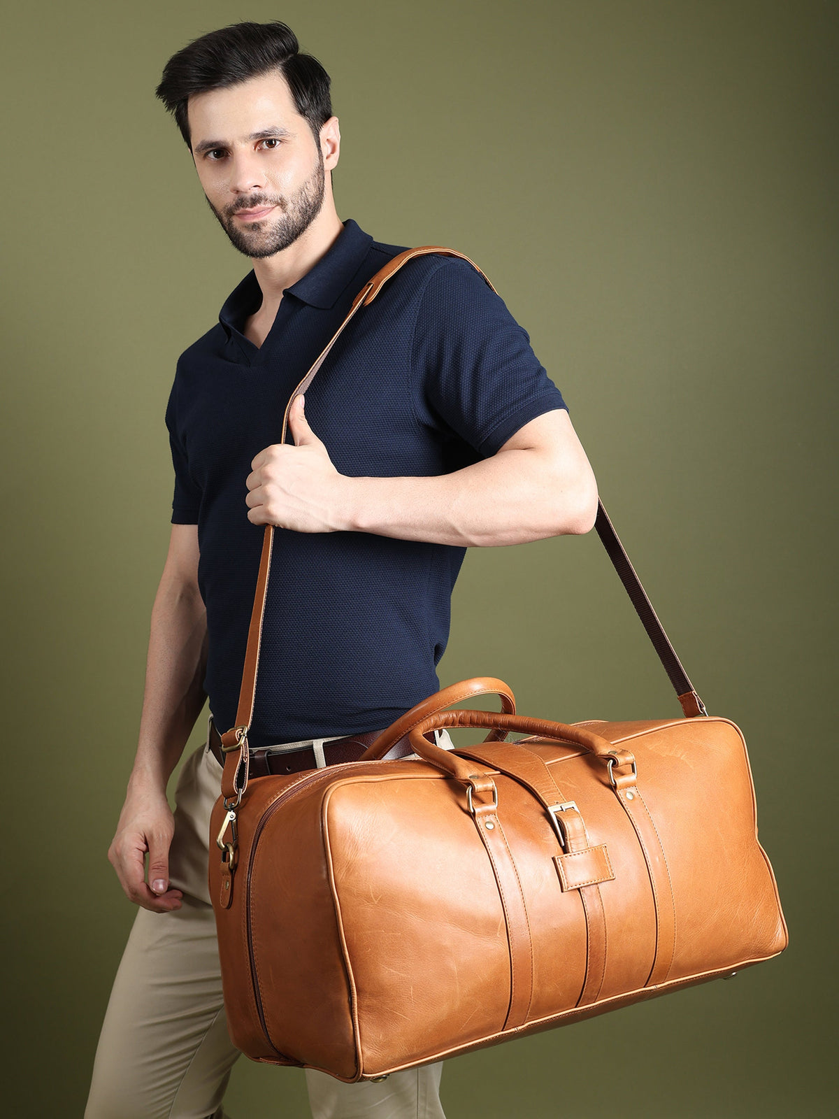 Port Blair Leather Duffle Travel Bag by Classy Leather Bags, stylish brown leather duffel bag with sturdy handles and zipper closure.