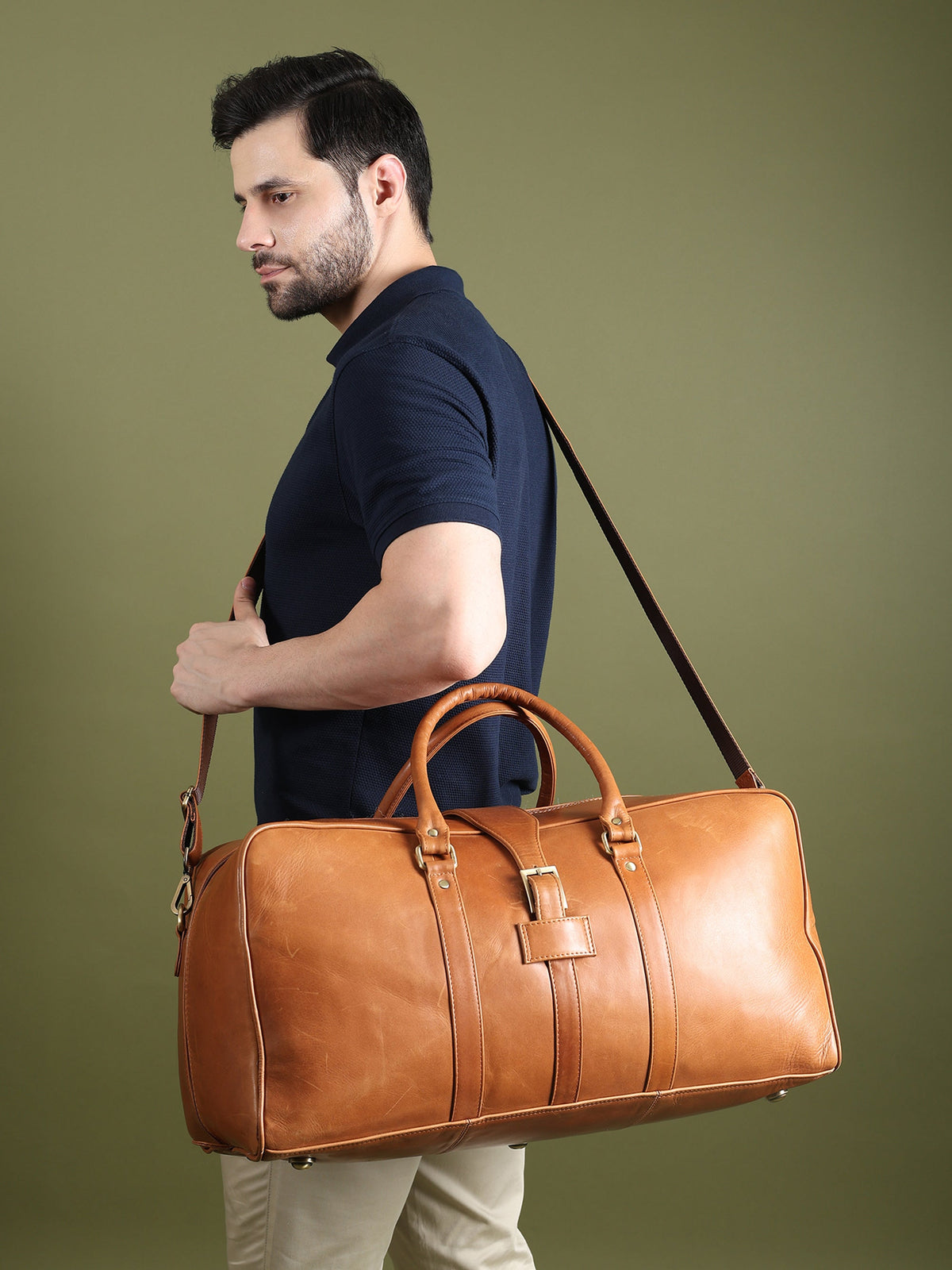 Port Blair Leather Duffle Travel Bag by Classy Leather Bags, stylish brown leather duffel with handles and shoulder strap.