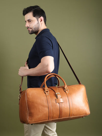 Port Blair Leather Duffle Travel Bag by Classy Leather Bags, stylish brown leather duffel with handles and shoulder strap.