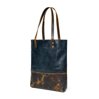 Blue women's leather tote handbag by Classy Leather Bags, stylish leather handbag with sturdy handles and spacious interior.