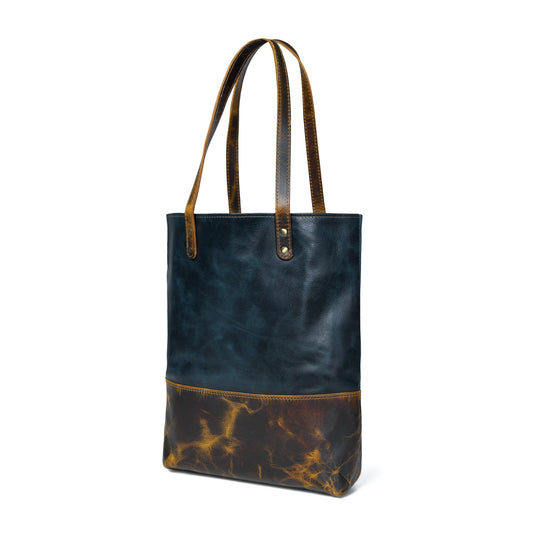 Blue women's leather tote handbag by Classy Leather Bags, stylish leather handbag with sturdy handles and spacious interior.