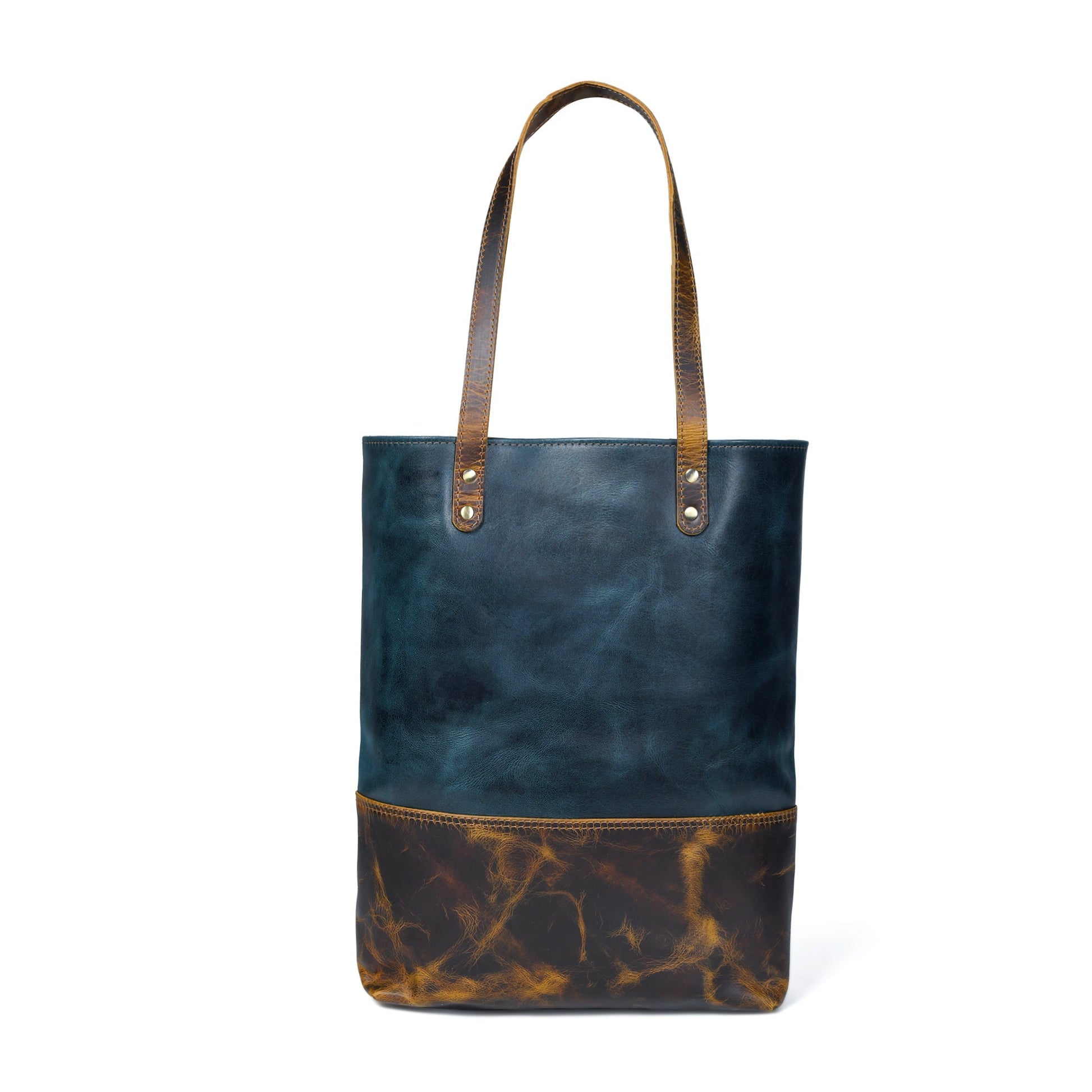 Blue women's leather tote handbag by Classy Leather Bags, showing the spacious leather tote with handles and sleek design.
